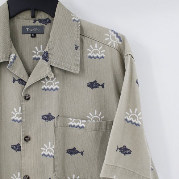 Vintage True Grit shirt Mens medium Short Sleeve Camp corded Sunrise Fish Print - Picture 2 of 12